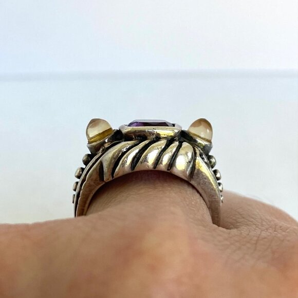 Sterling Silver 925 Cushion Cut Amethyst Double Citrine Wide Band Ring Sz 6.5 - Picture 16 of 16